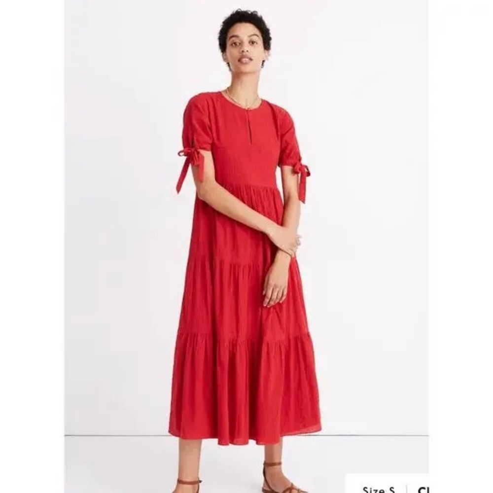 Madewell Tie-Sleeve Tiered Midi Dress XS Swiss Dot Red Short Sleeve Midi